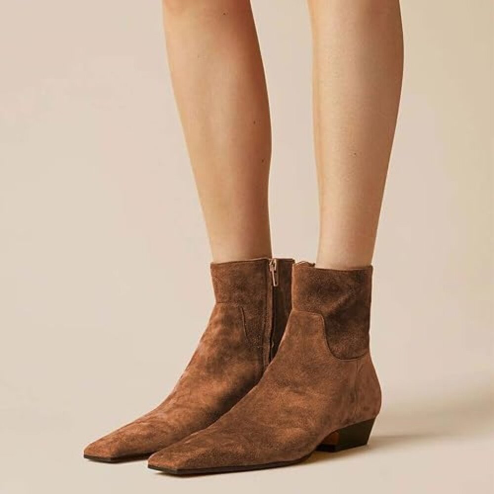 miss left Women's Square Closed Toe Low Chunky Heel Ankle Booties Brown Shoes